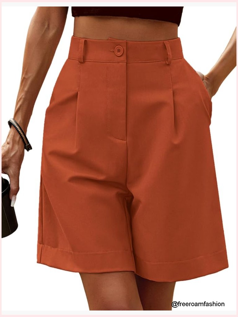High Rise Bermuda Shorts Wide Leg Knee Length With Pockets